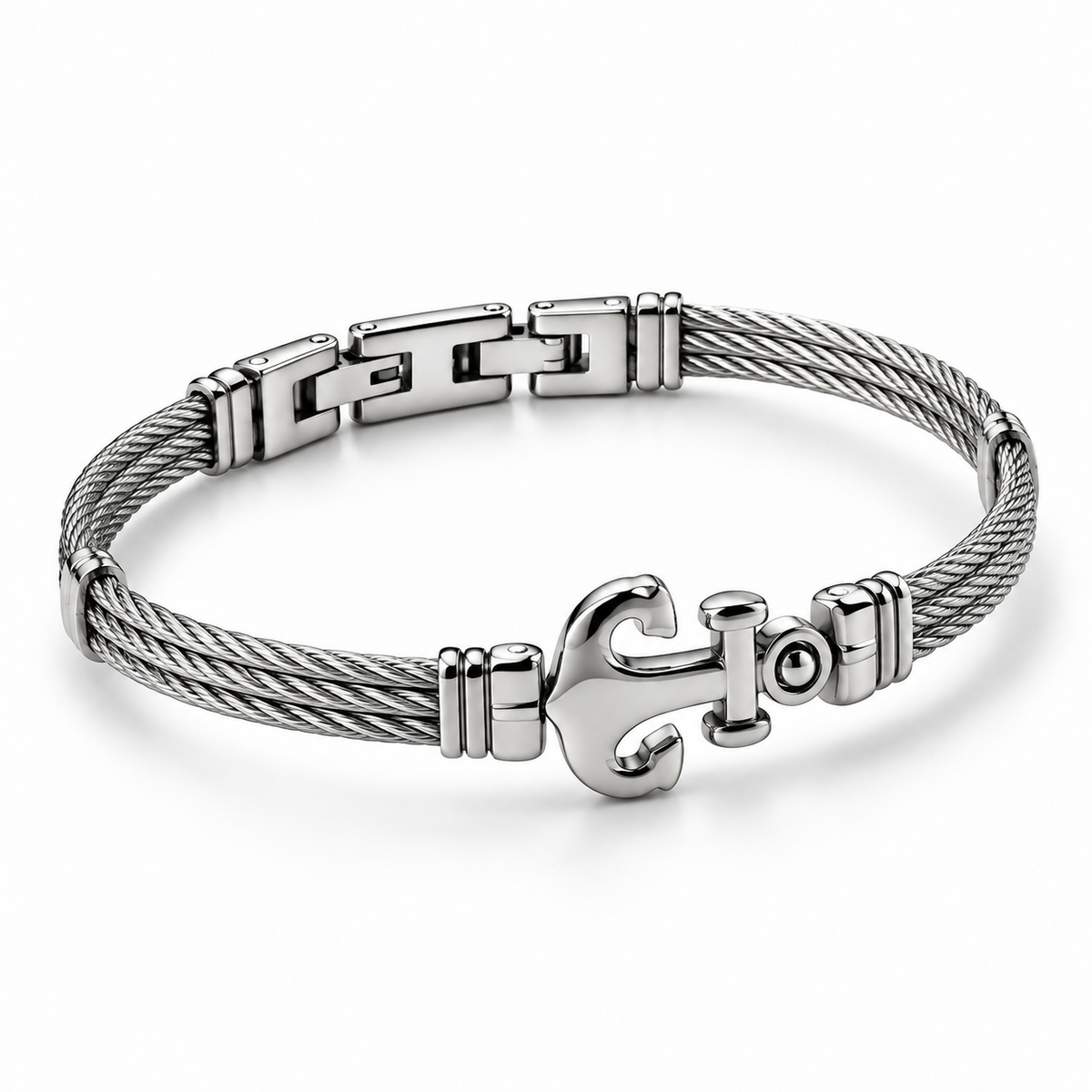 Angled studio view of men's twisted wire cable sculpted anchor bangle with fold-over clasp
