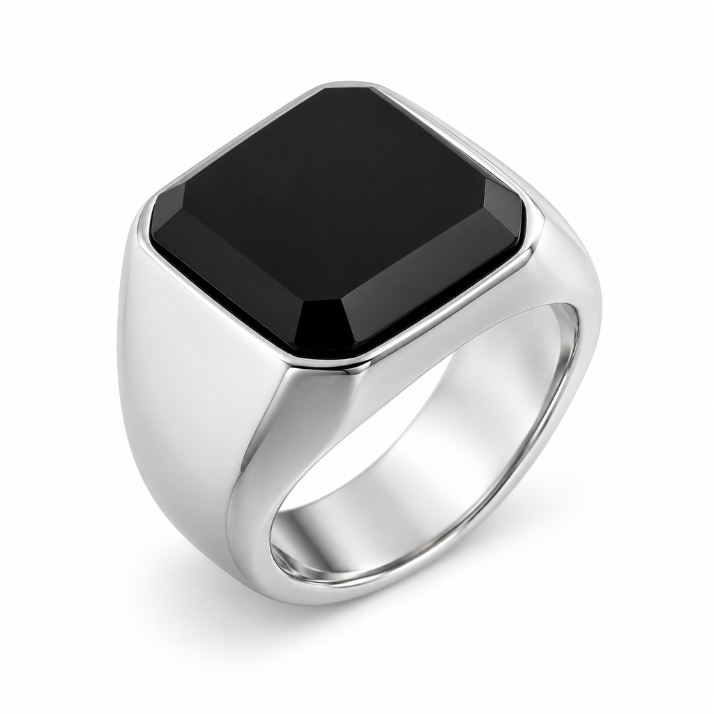 Side profile of sleek dome shank on cushion cut black onyx ring
