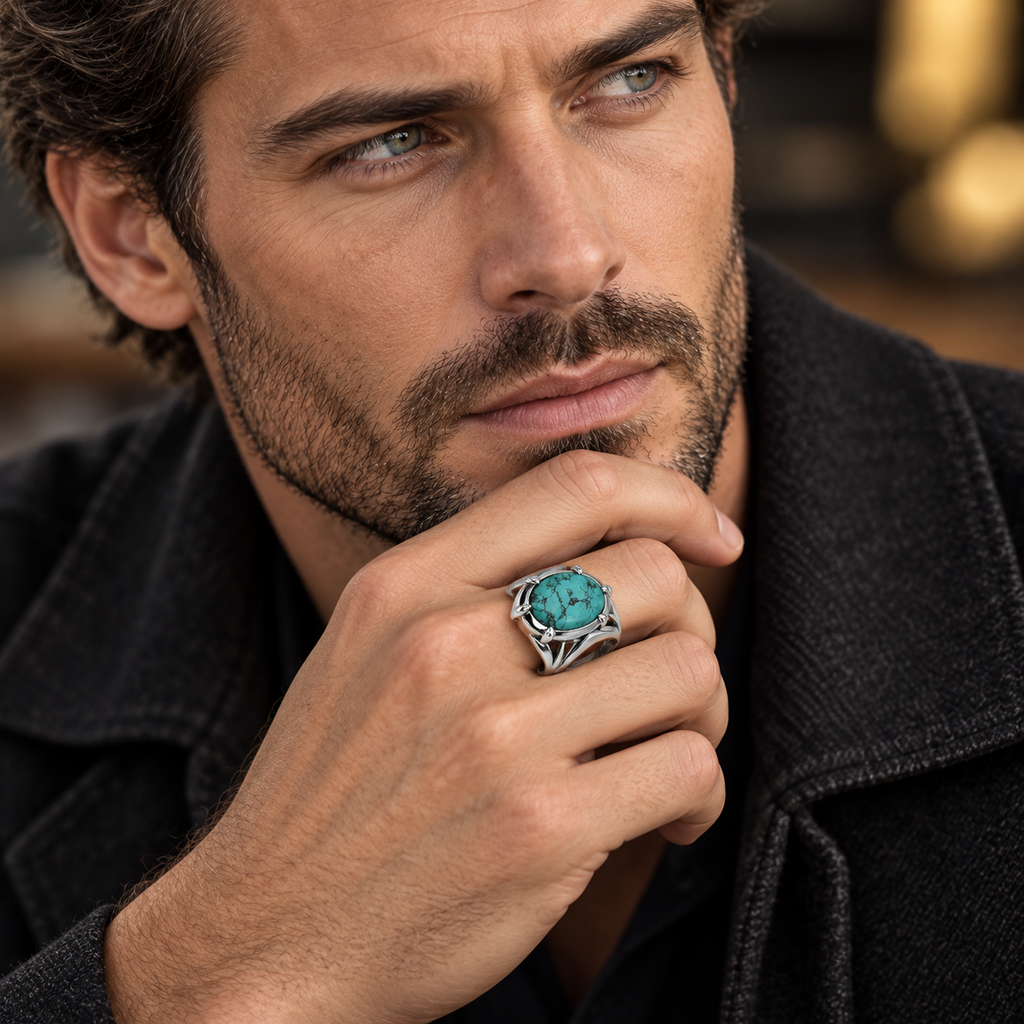 Handsome male model touching chin wearing Men's vintage southwest turquoise ring
