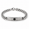 Men's stainless steel Cuban curb chain ID bar bracelet with engraved solar sun motif
