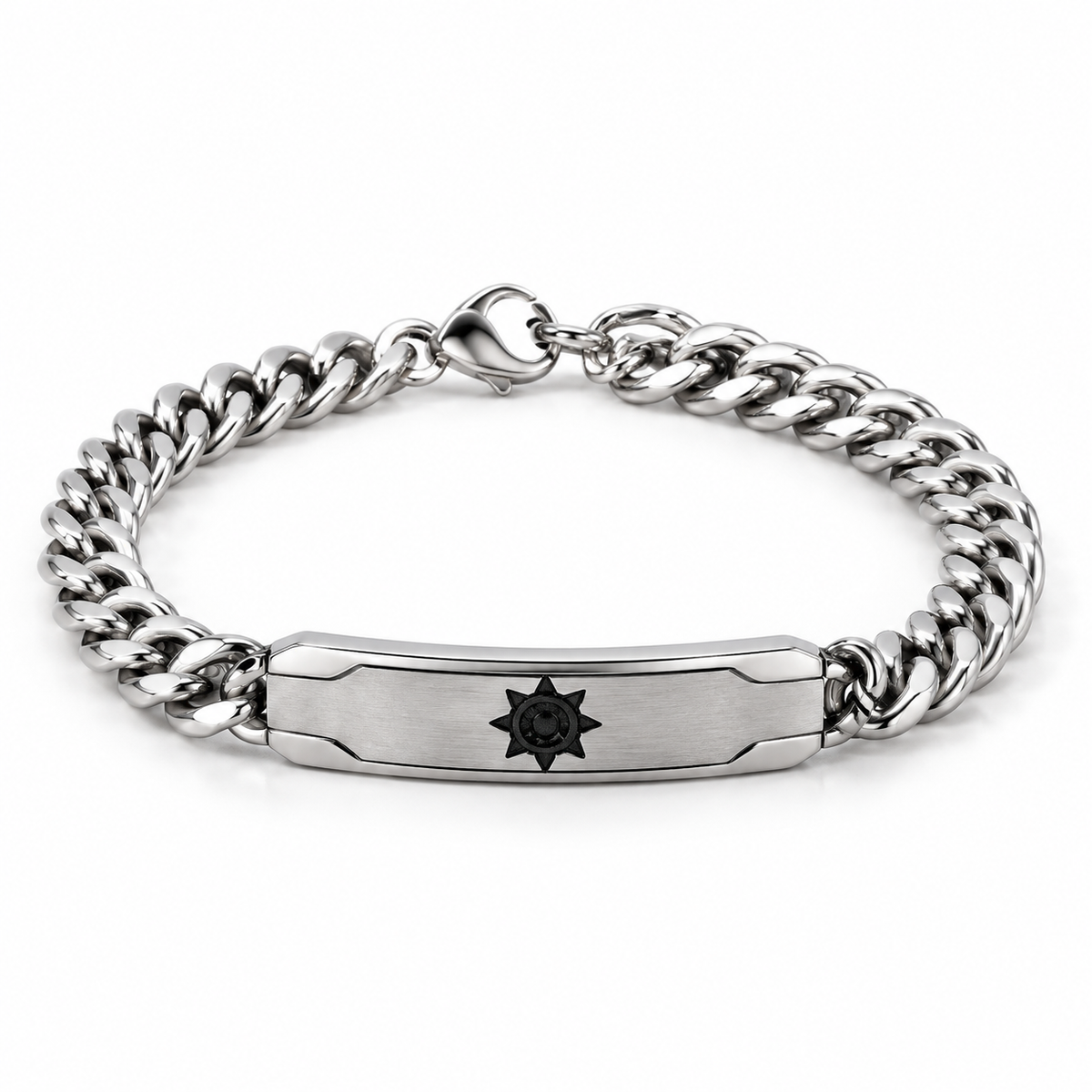 Men's stainless steel Cuban curb chain ID bar bracelet with engraved solar sun motif

