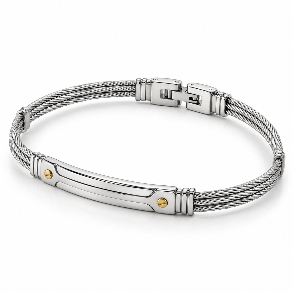 Angled studio view of men's twisted wire cable ID bangle bracelet with fold-over clasp
