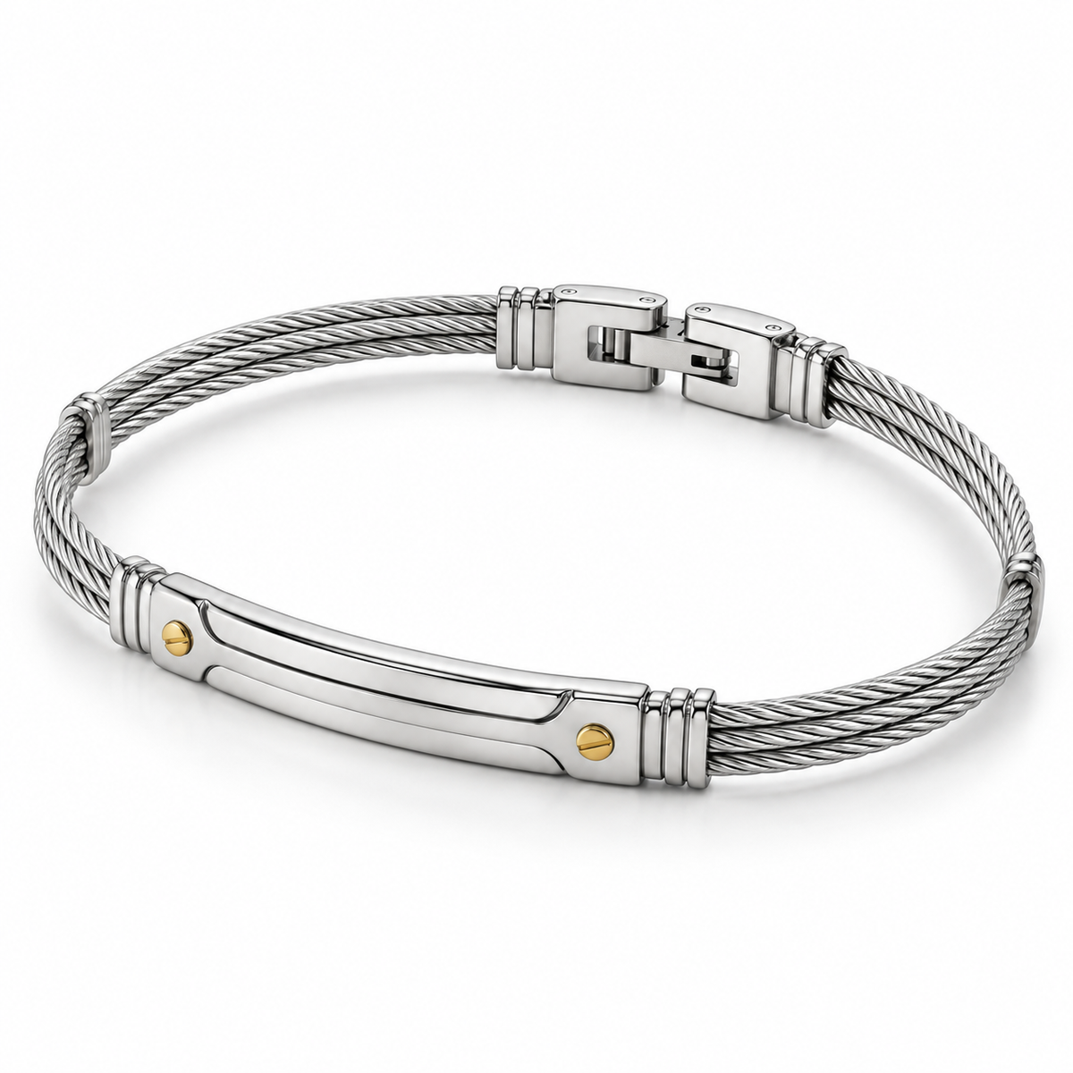 Angled studio view of men's twisted wire cable ID bangle bracelet with fold-over clasp
