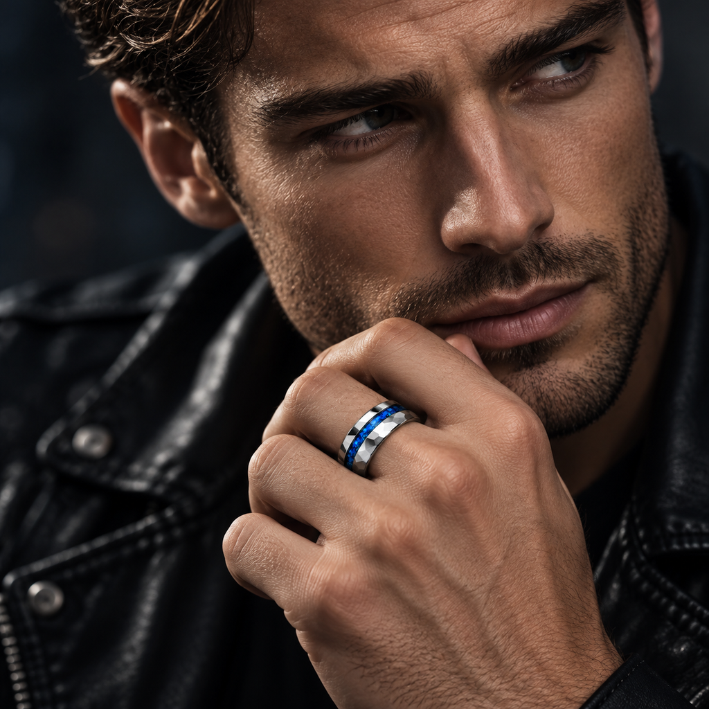 Male model in leather jacket wearing hammered blue opal band ring resting chin on hand
