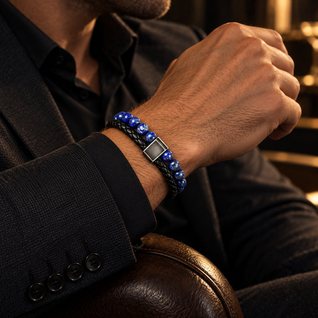 Male wrist wearing double-strand blue lapis lazuli beaded bracelet paired with black blazer
