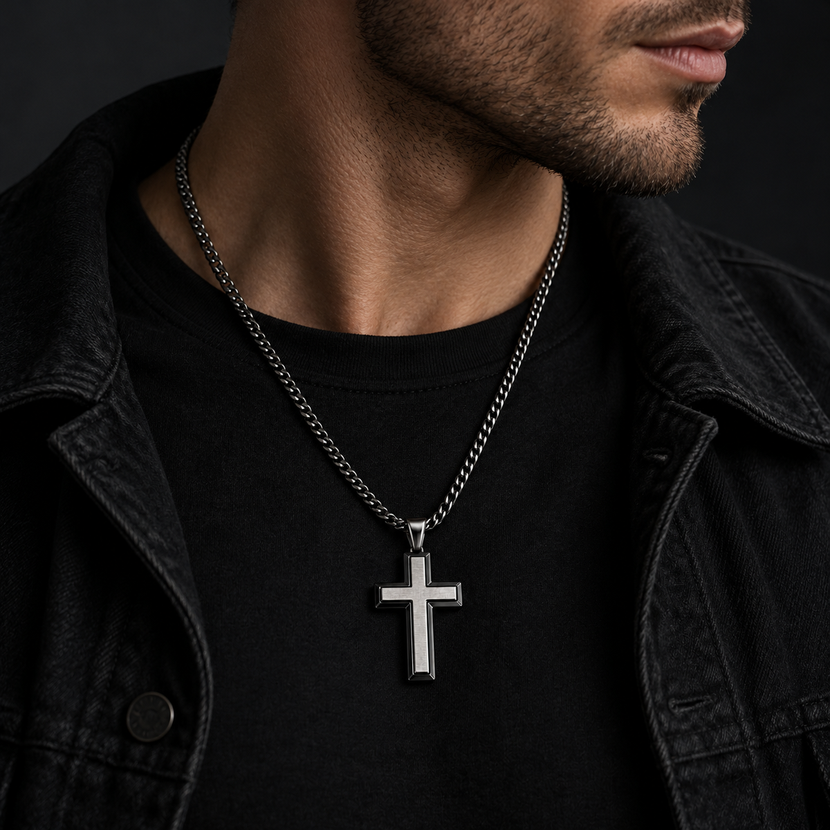 Model wearing men's black and silver double-layer cross pendant necklace
