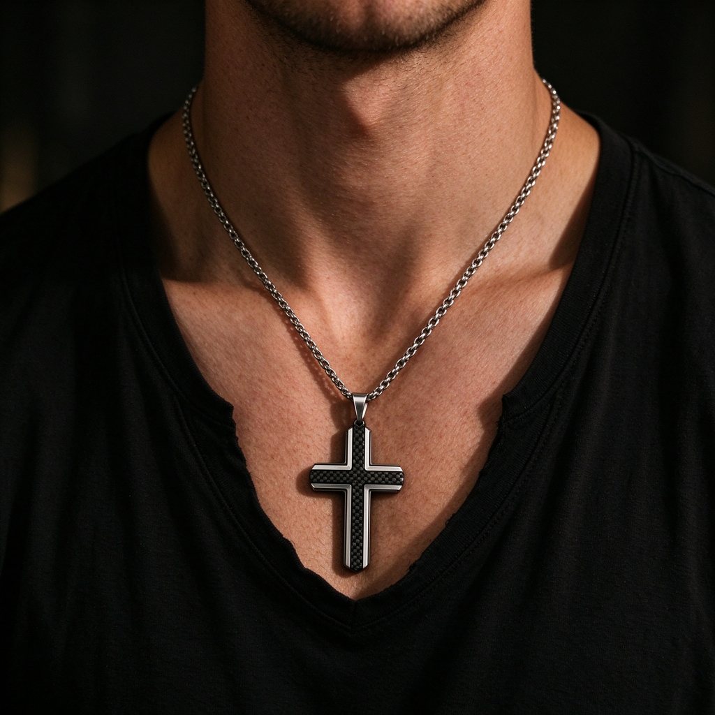 Model wearing men's black carbon fiber grid cross pendant necklace on dark chain
