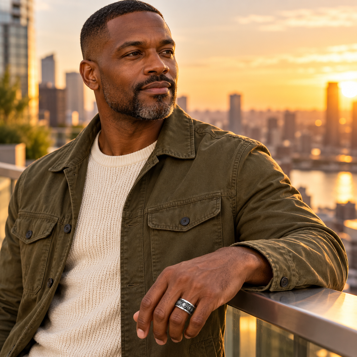 Male model on rooftop terrace at sunset wearing vintage stainless steel Buddha ring
