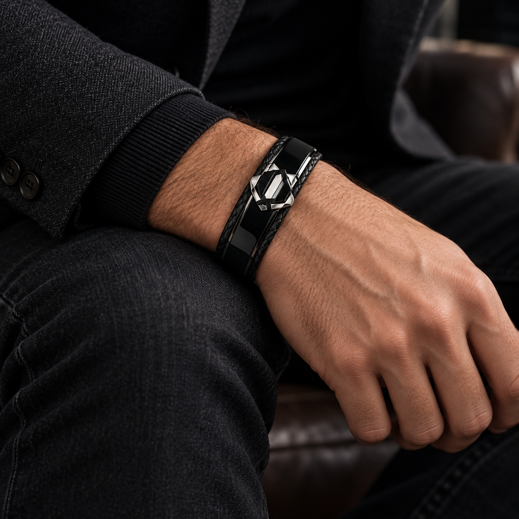 Male wrist resting on black denim jeans wearing geometric shield leather cuff bracelet
