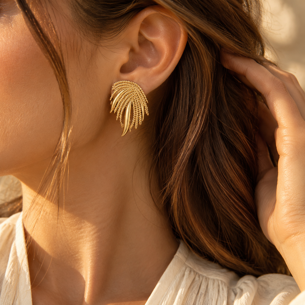 Women's Textured Beaded Palm Leaf Stud Earrings