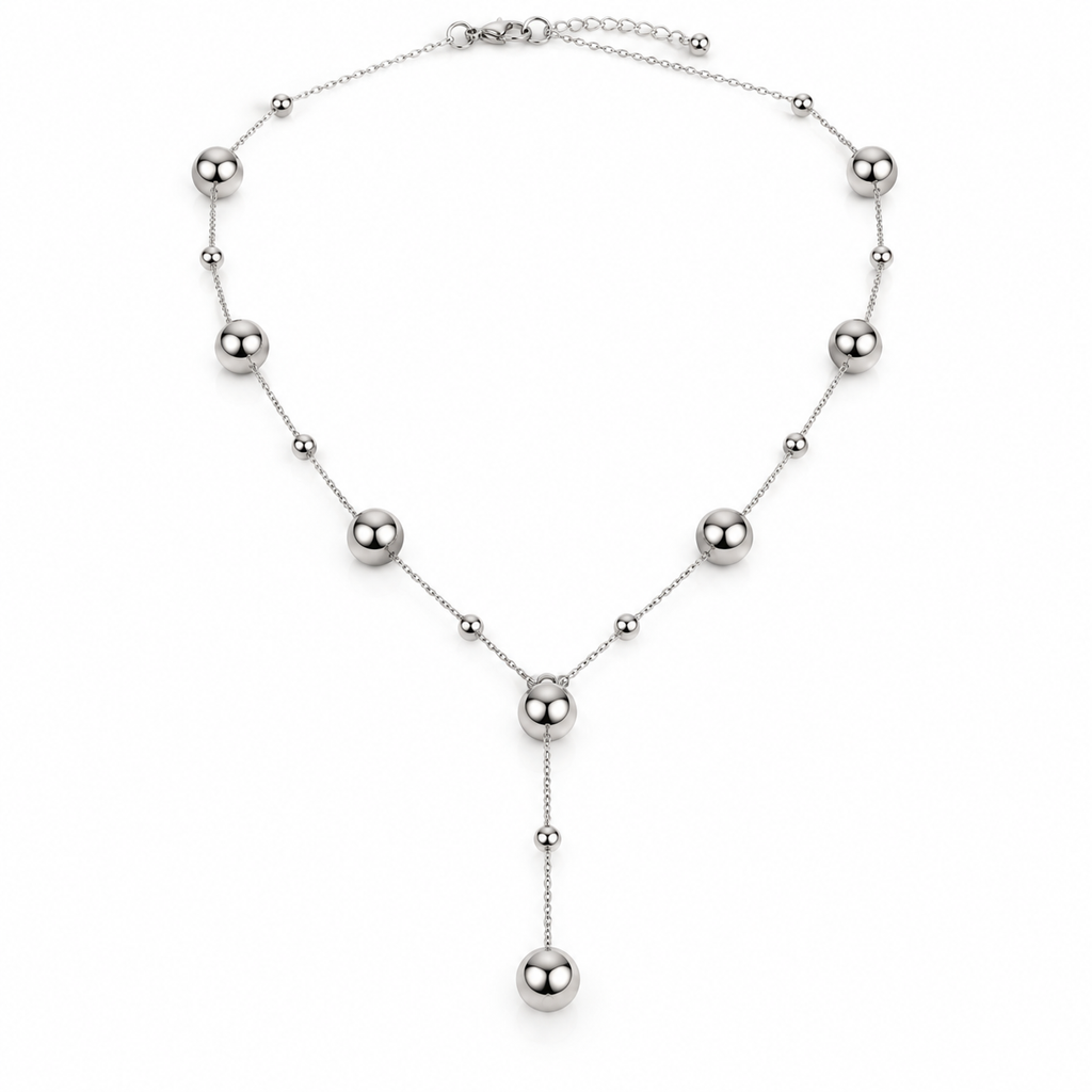 High-polish silver beaded Y-chain necklace with secure lobster clasp on white background
