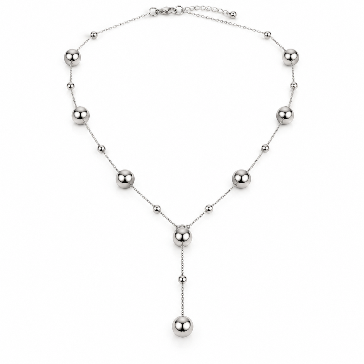 Full view of women's silver stainless steel ball bead lariat necklace with lobster clasp on white background
