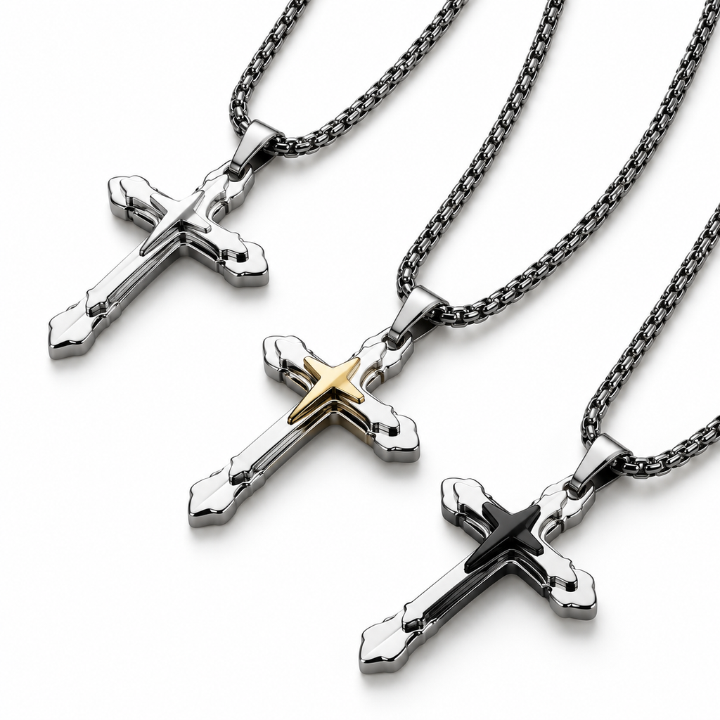 Men's gothic fleur star cross pendant necklace collection in silver, gold, and black

