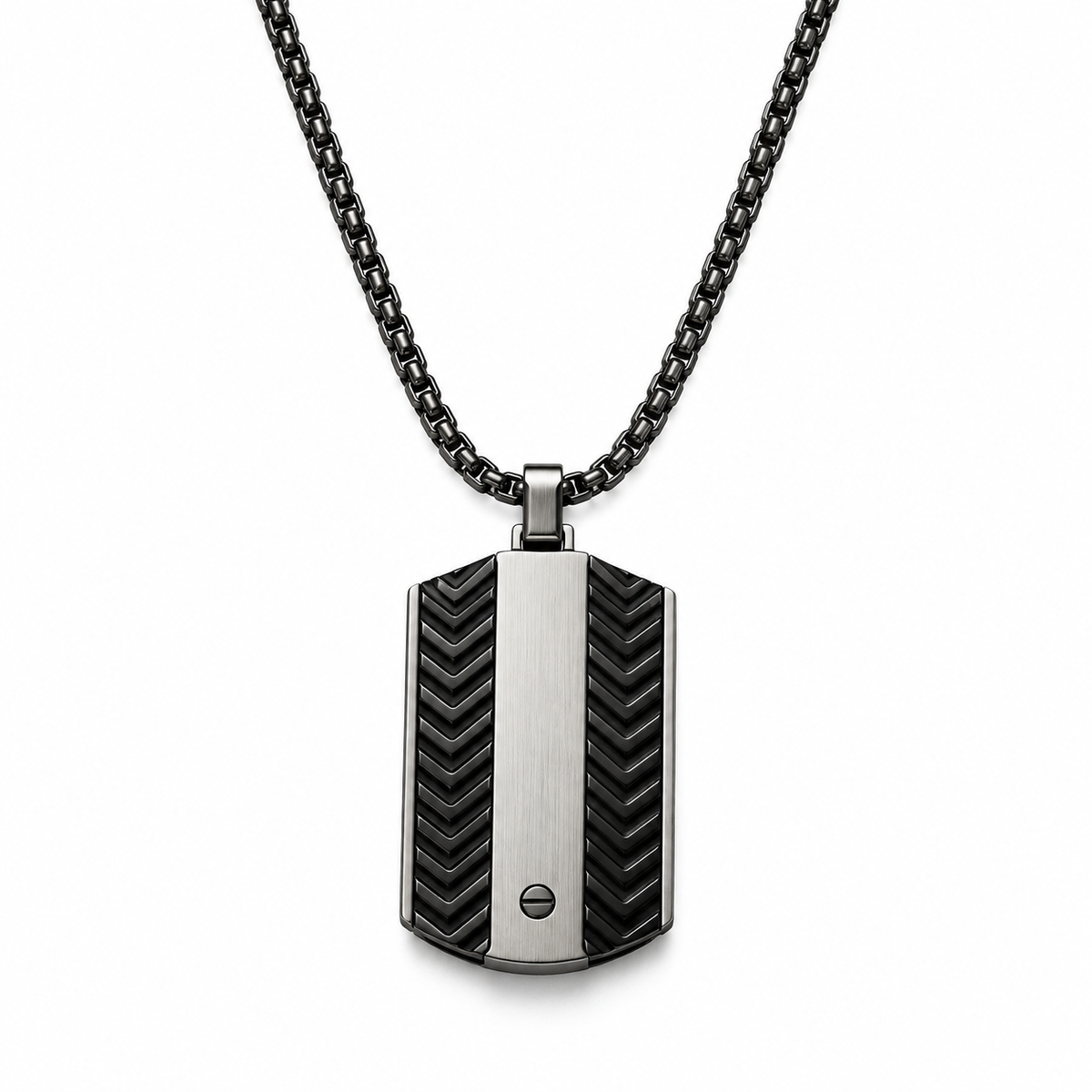 Men's two-tone stainless steel chevron dog tag pendant necklace on box chain

