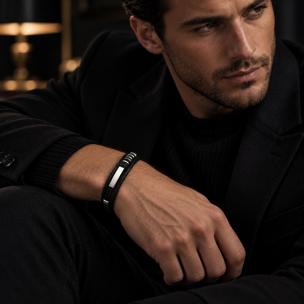 Gentleman in black turtleneck and tailored jacket showing Men's leather ID bracelet
