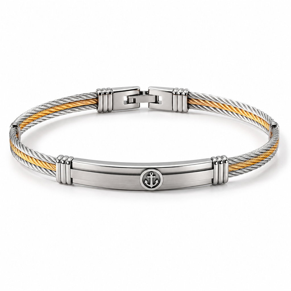 Men's two-tone gold and silver twisted cable nautical anchor ID bangle bracelet
