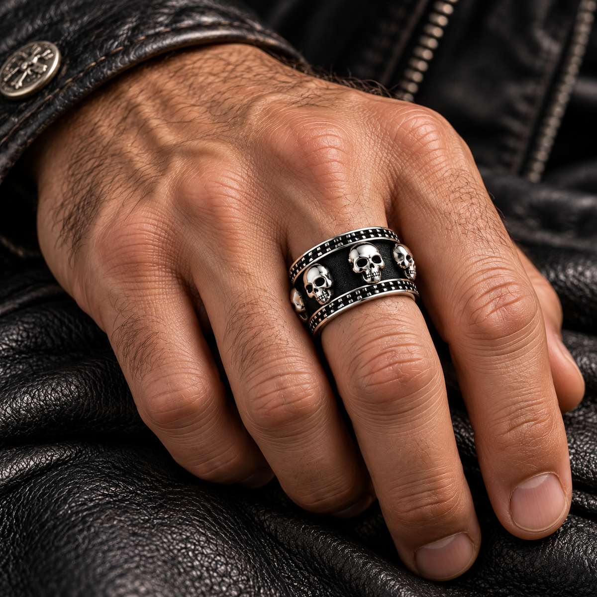 Close-up of male hand wearing wide multi-skull ring resting on black leather jacket
