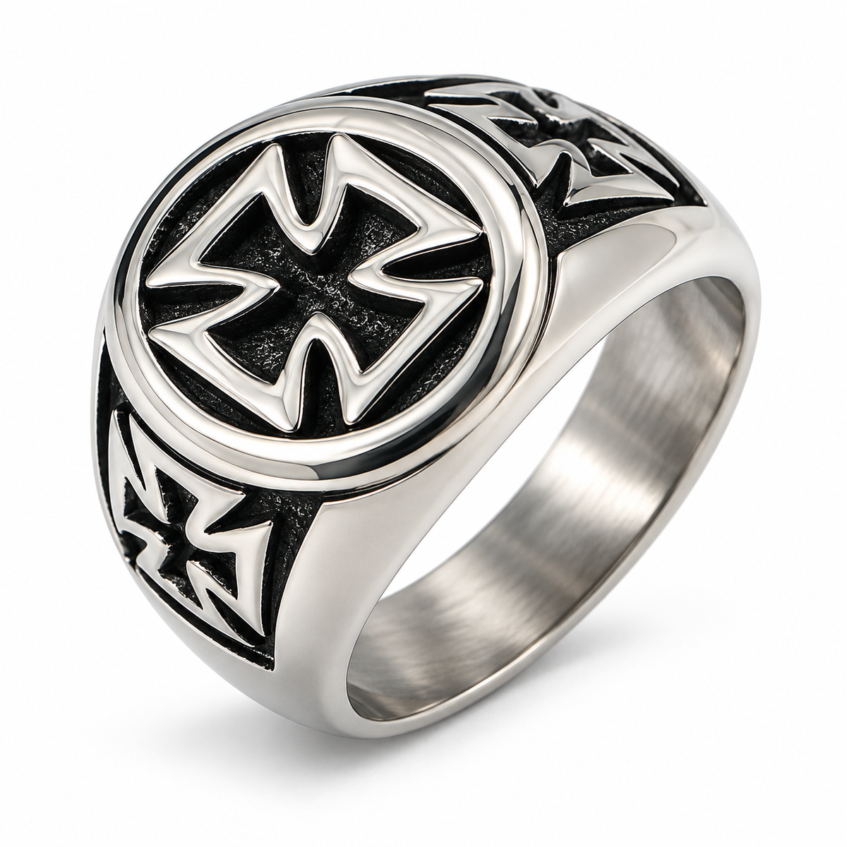 Men's Vintage Iron Cross Signet Ring in polished stainless steel with blackened background