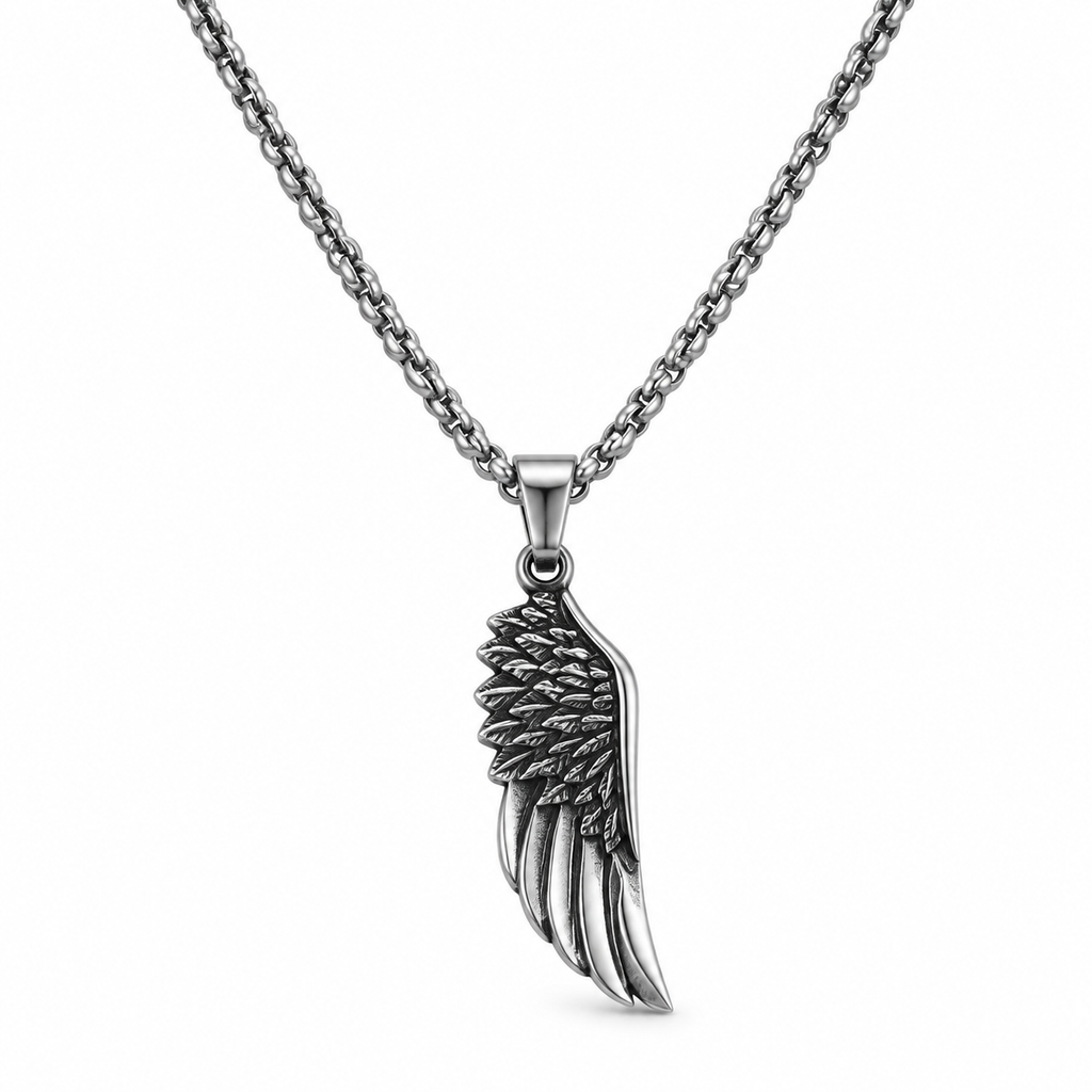 Front studio view of men's oxidized feather wing pendant on white background
