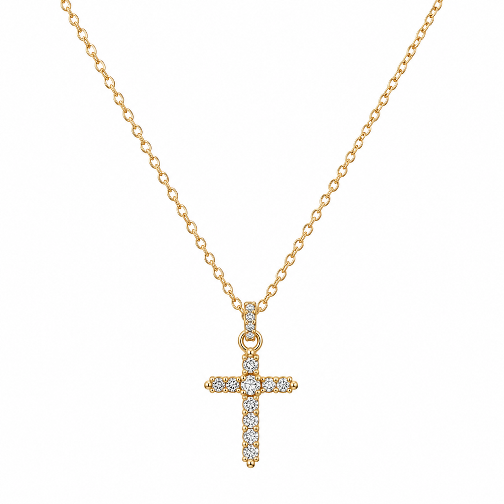 Women's 18K gold plated stainless steel sparkling clear CZ crystal cross pendant necklace
