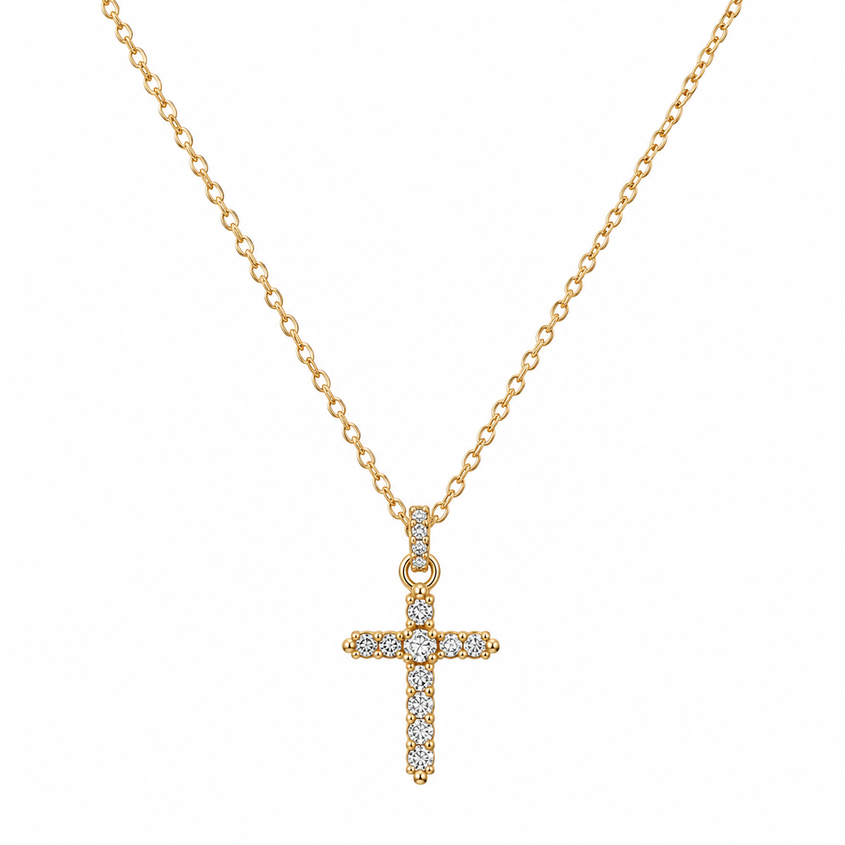 Women's 18K gold plated stainless steel sparkling clear CZ crystal cross pendant necklace
