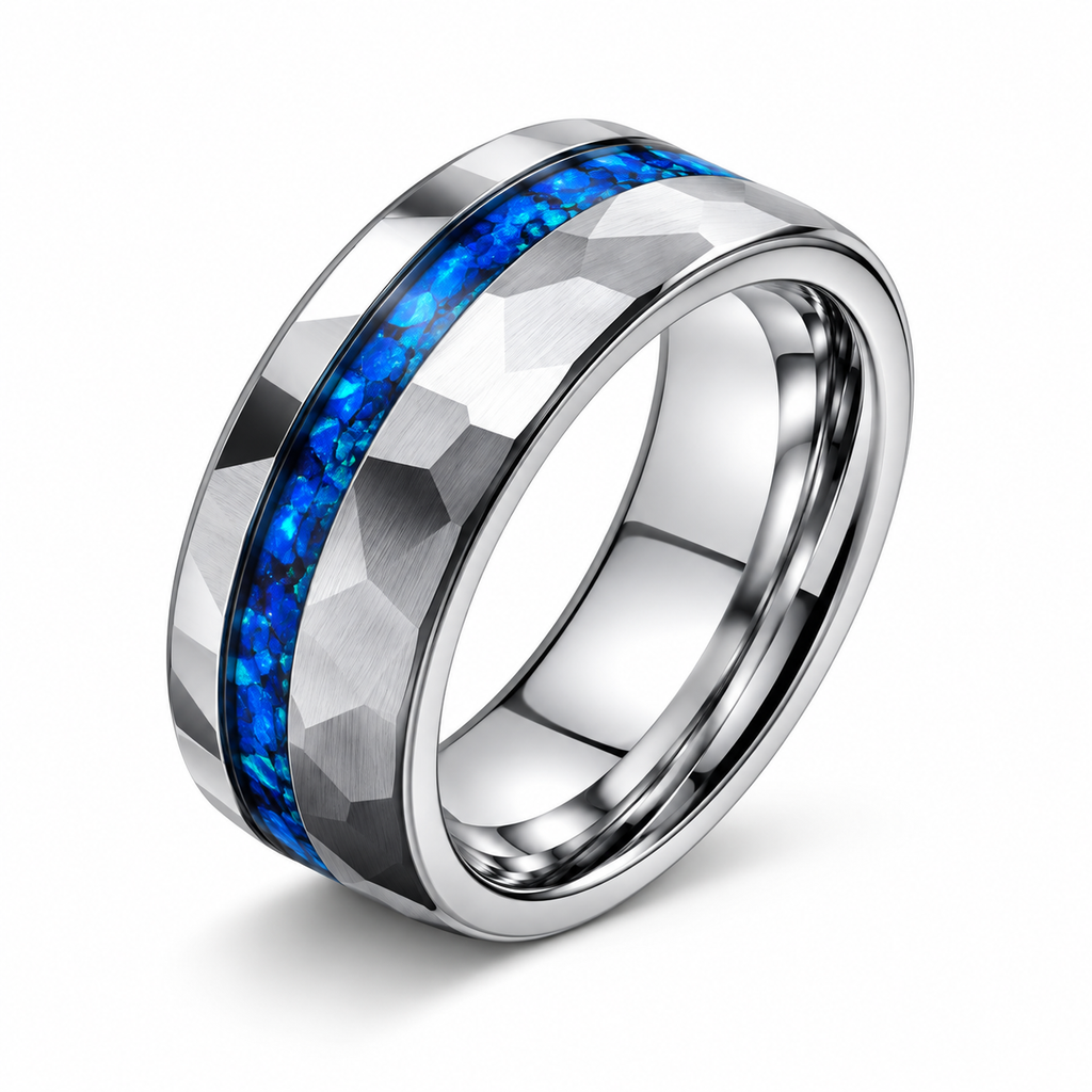 Men's Hammered Blue Opal Ring in faceted stainless steel on white background
