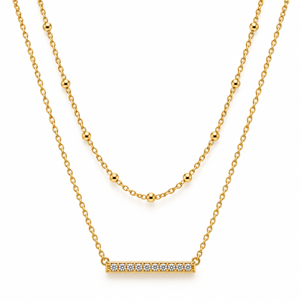 Women's 18K gold plated stainless steel layered satellite beaded chain and sparkling CZ bar necklace
