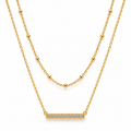 Women's 18K gold plated stainless steel layered satellite beaded chain and sparkling CZ bar necklace
