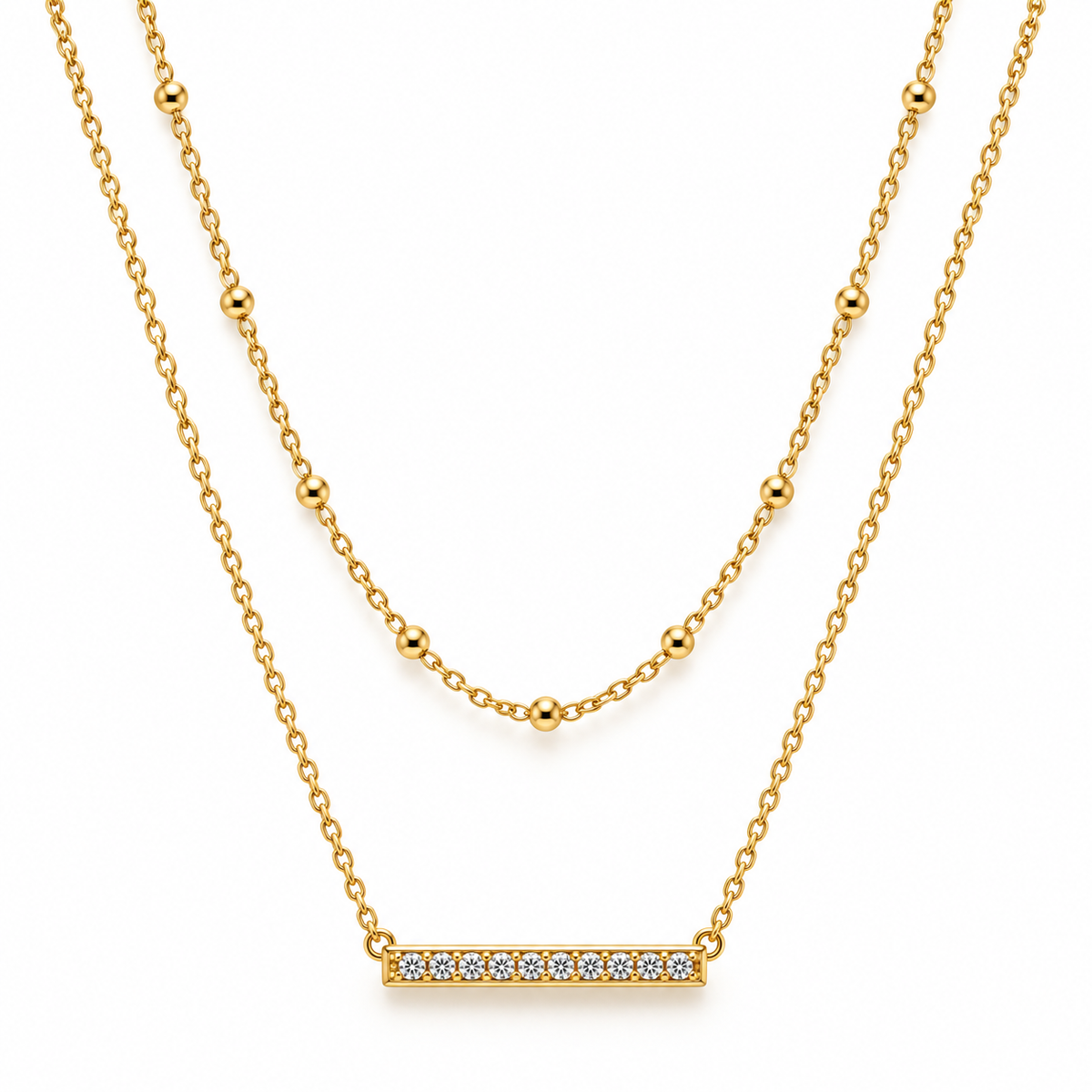 Women's 18K gold plated stainless steel layered satellite beaded chain and sparkling CZ bar necklace
