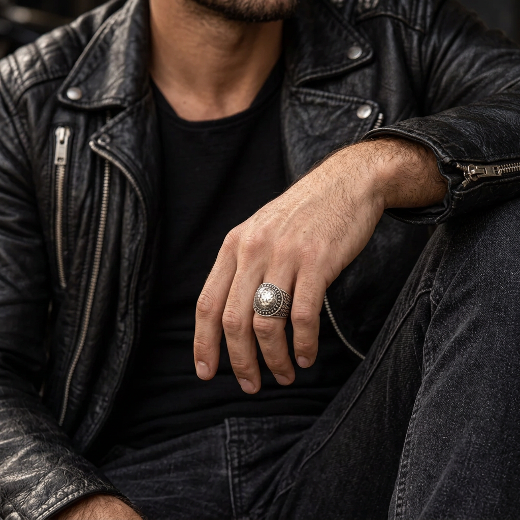 Male hand draped over knee wearing Men's hammered dome signet ring with black leather jacket
