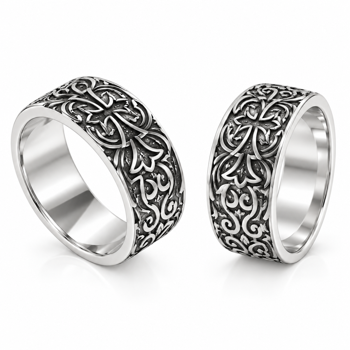 Dual view of Men's gothic fleur cross band ring in stainless steel on white background
