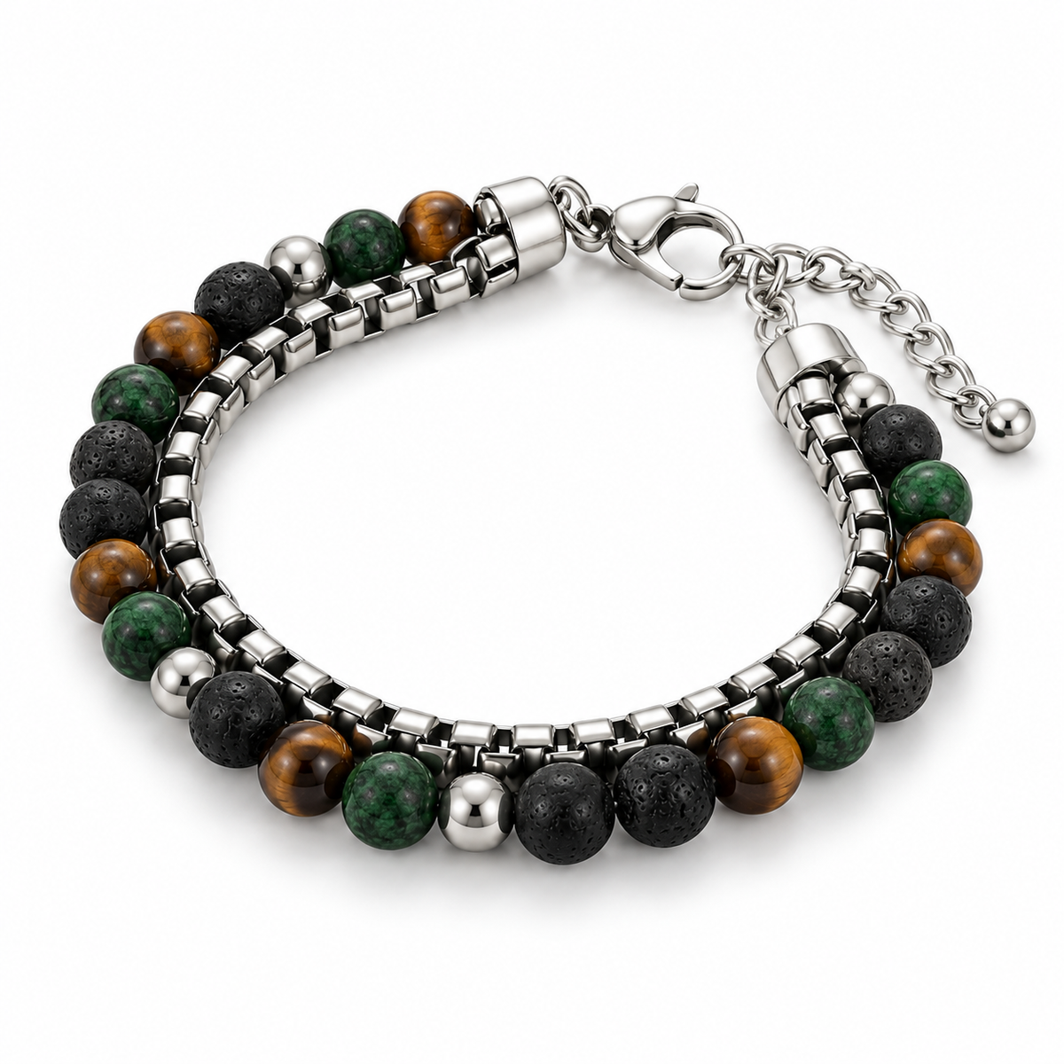 Men's Mixed Stone & Box Chain Double-Strand Bracelet with lava rock and tiger eye on white background
