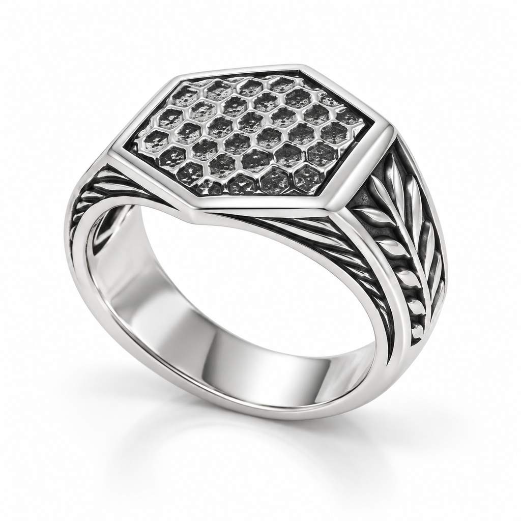 Men's Hexagonal Honeycomb Signet Ring in polished stainless steel with laurel leaf band
