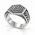 Men's Hexagonal Honeycomb Signet Ring in polished stainless steel with laurel leaf band

