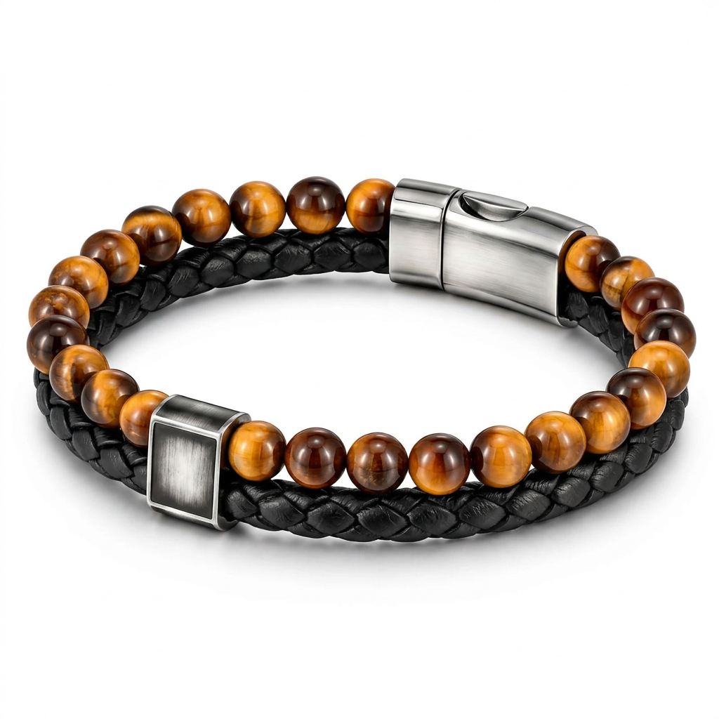 Angled view of Men's double-strand tiger eye leather bracelet showing magnetic clasp on white background
