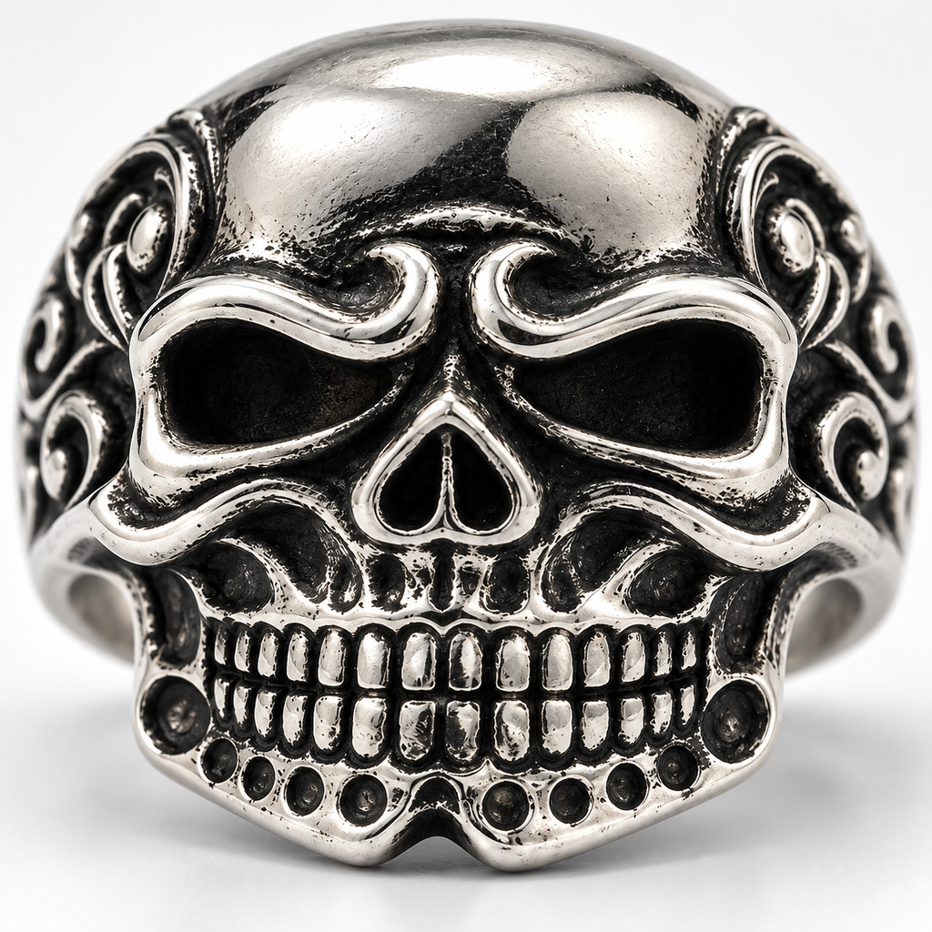 Angled view of antique finish sugar skull biker ring for men
