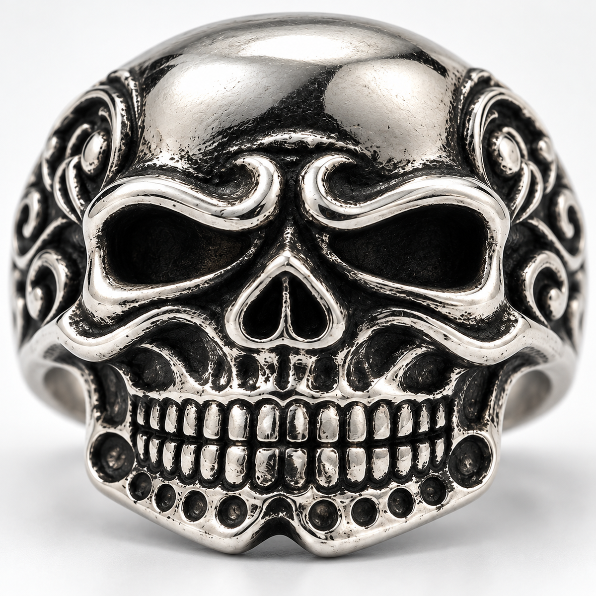 Angled view of antique finish sugar skull biker ring for men
