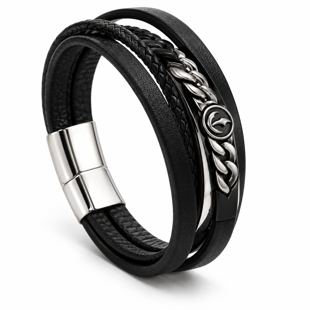 Men's Soaring Eagle Cuban Chain Leather Bracelet in black with stainless steel medallion on white background
