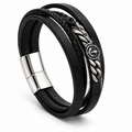 Men's Soaring Eagle Cuban Chain Leather Bracelet in black with stainless steel medallion on white background

