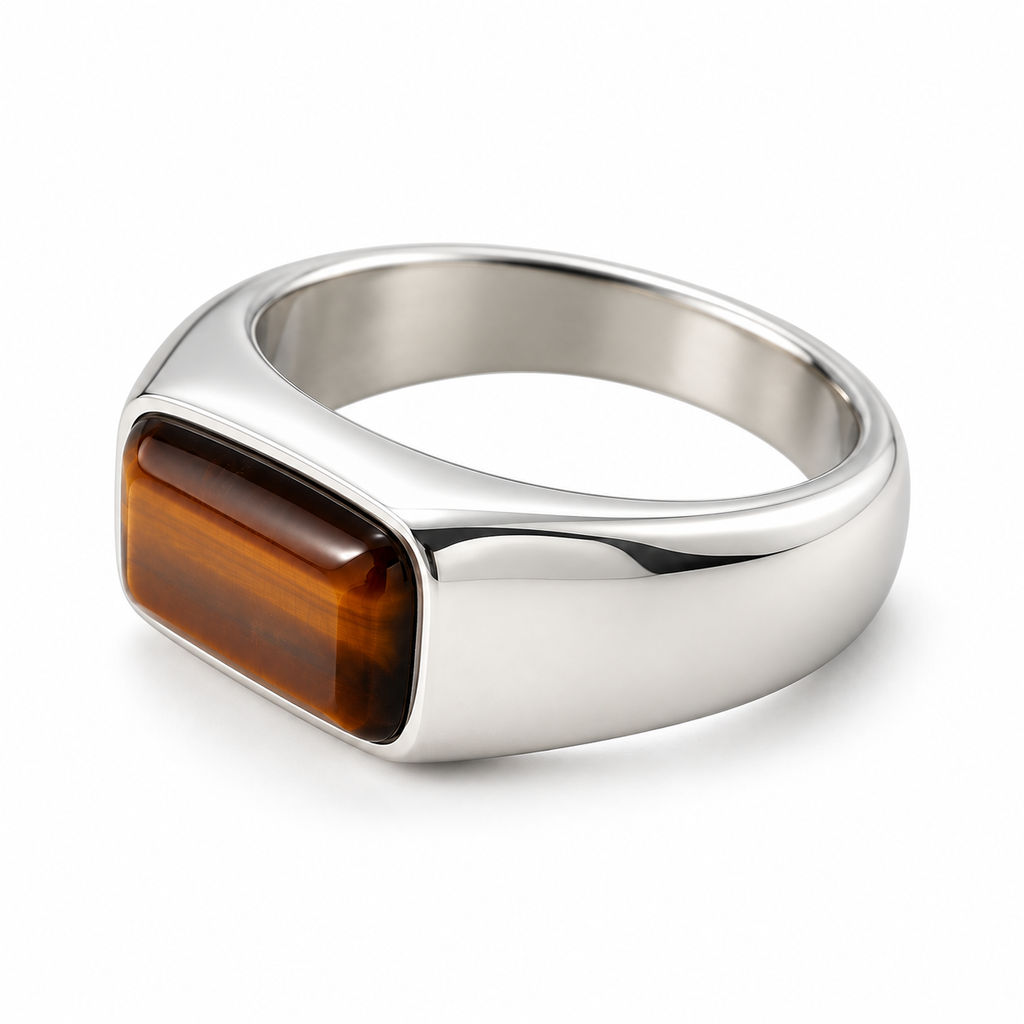 Men's minimalist rectangular tiger eye signet ring in high polish stainless steel
