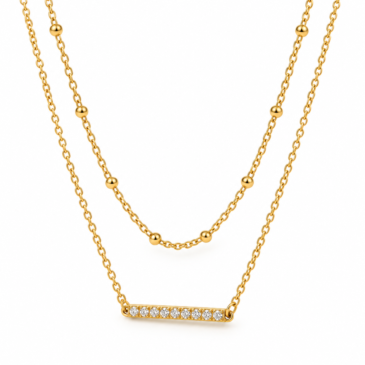 Dainty 2-in-1 gold satellite beaded choker and sparkling crystal bar pendant necklace flat lay
