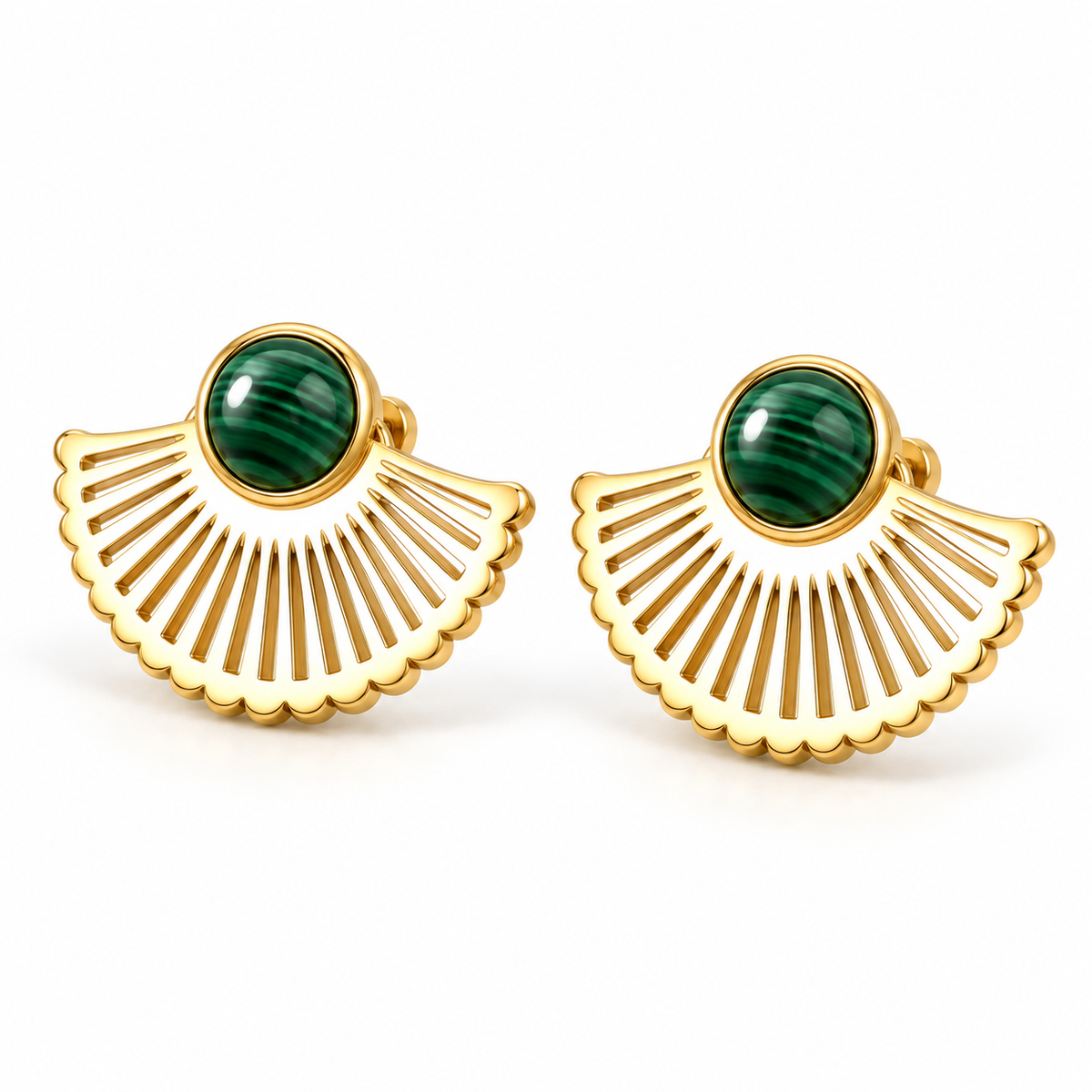 Angled studio shot of two women's 18K gold plated stainless steel malachite fan stud earrings on white surface
