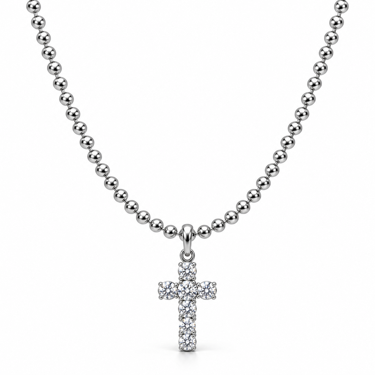 Men's sparkling pavé CZ cross pendant necklace on stainless steel ball bead chain
