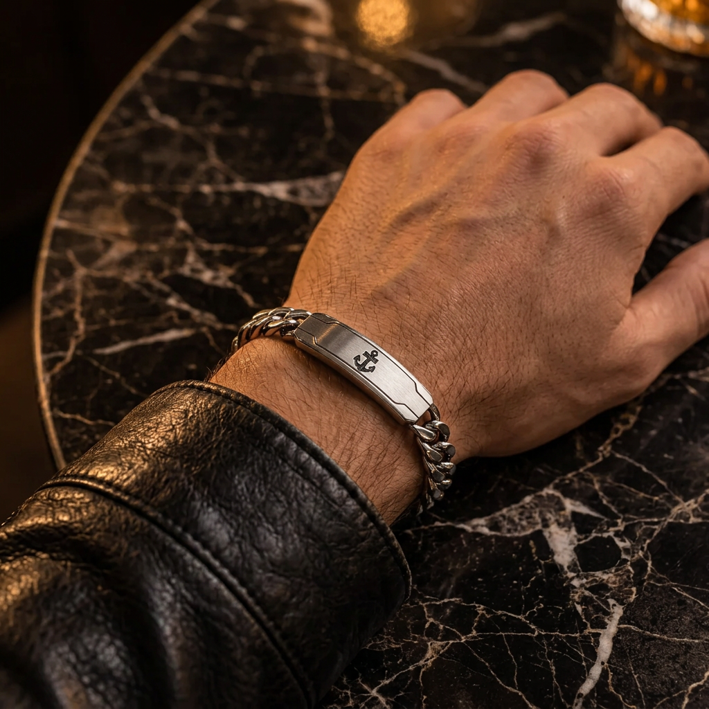 Close-up wrist view of men's Cuban chain anchor bracelet on marble counter
