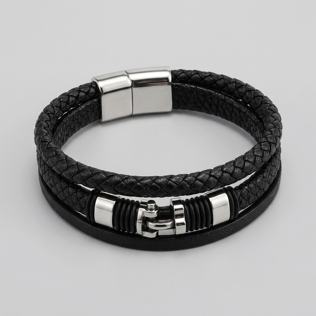 Front studio view of Men's nautical shackle leather bracelet showing magnetic clasp on gray surface
