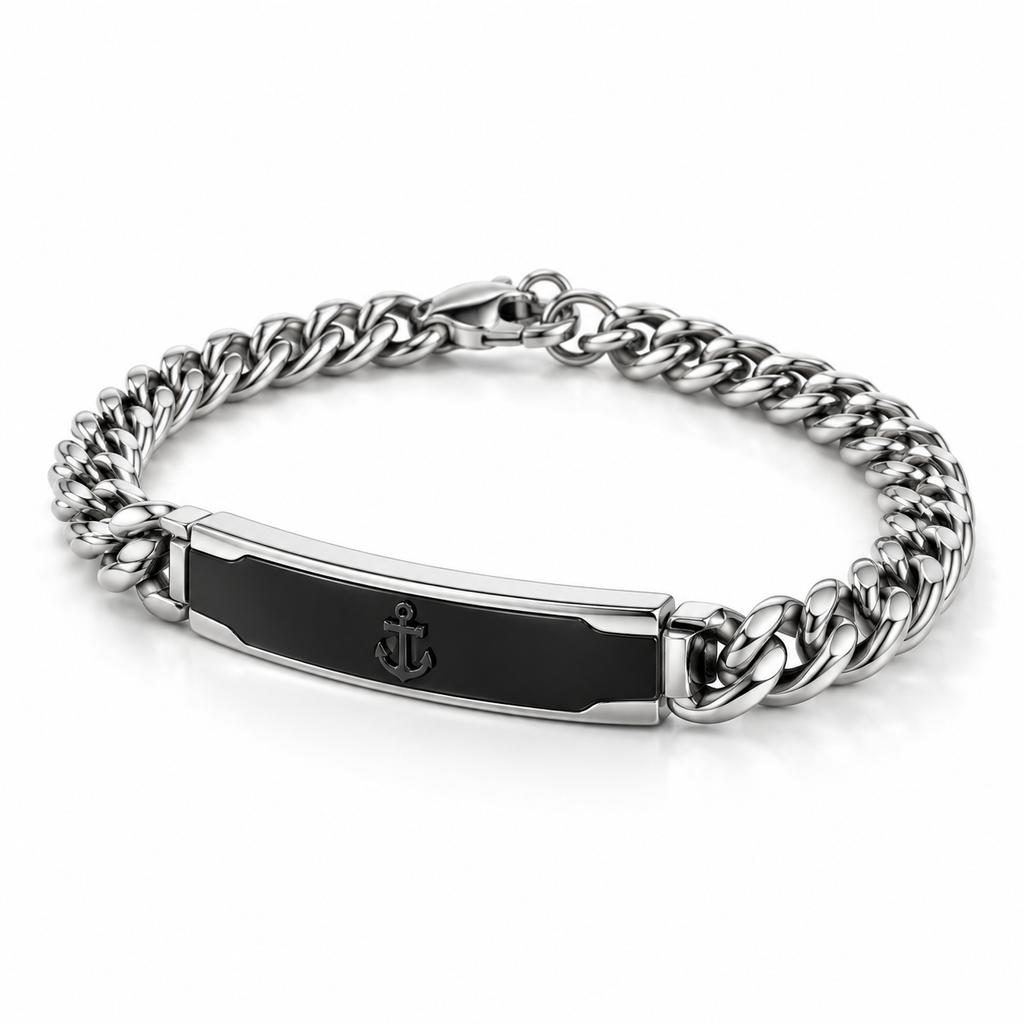 Men's Cuban Curb Chain Black Enamel Anchor ID Bar Bracelet – Stainless Steel Jewelry