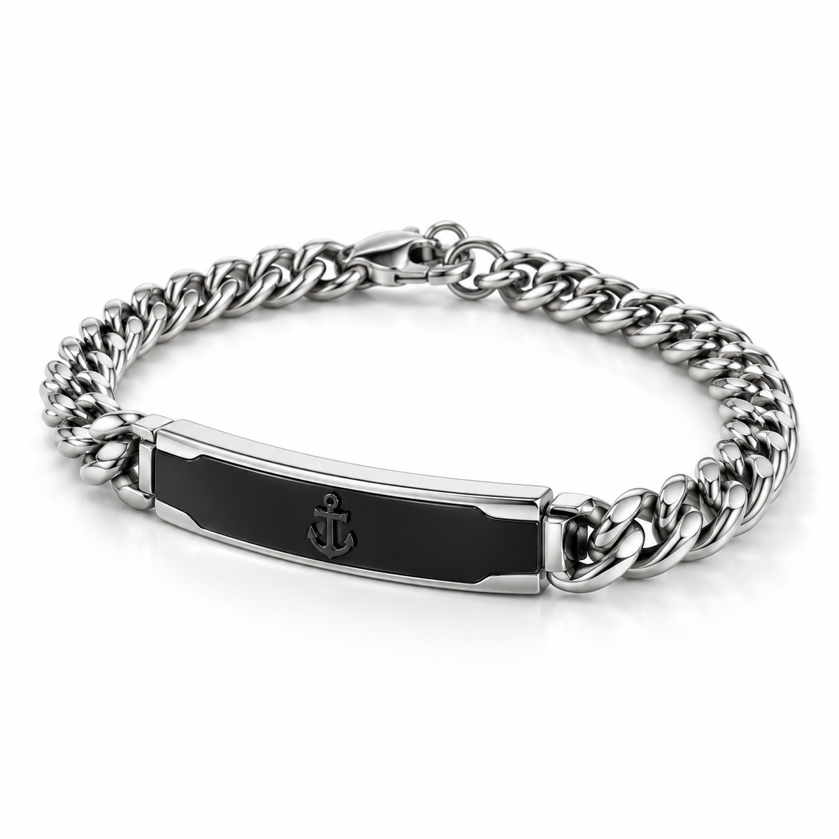 Men's Cuban Curb Chain Black Enamel Anchor ID Bar Bracelet – Stainless Steel Jewelry