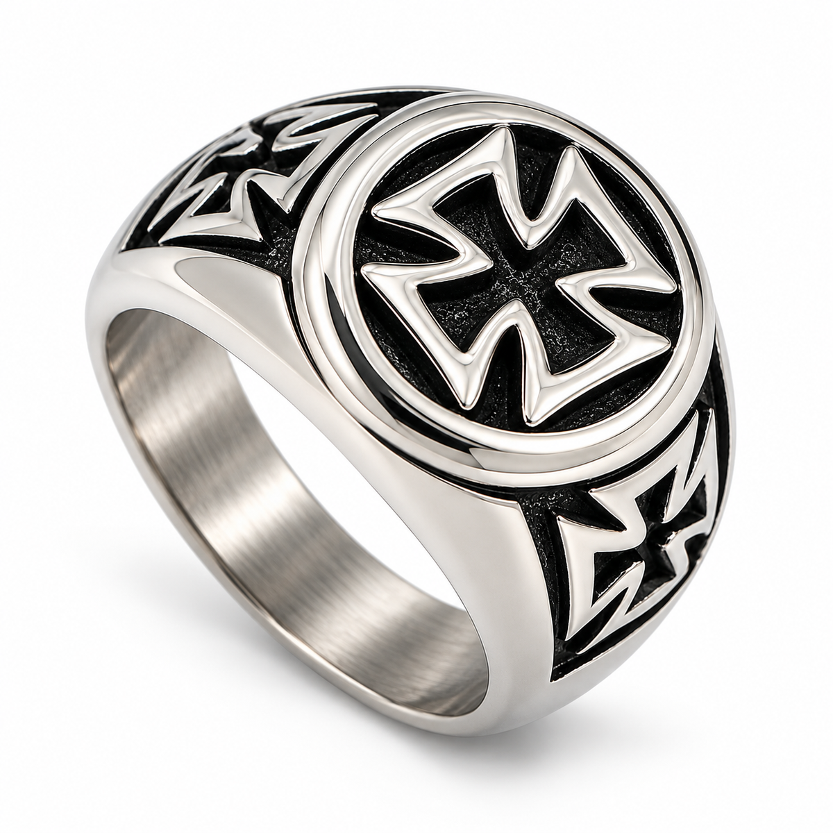 Side profile of Men's Maltese Cross stainless steel signet ring showing shoulder cross detailing