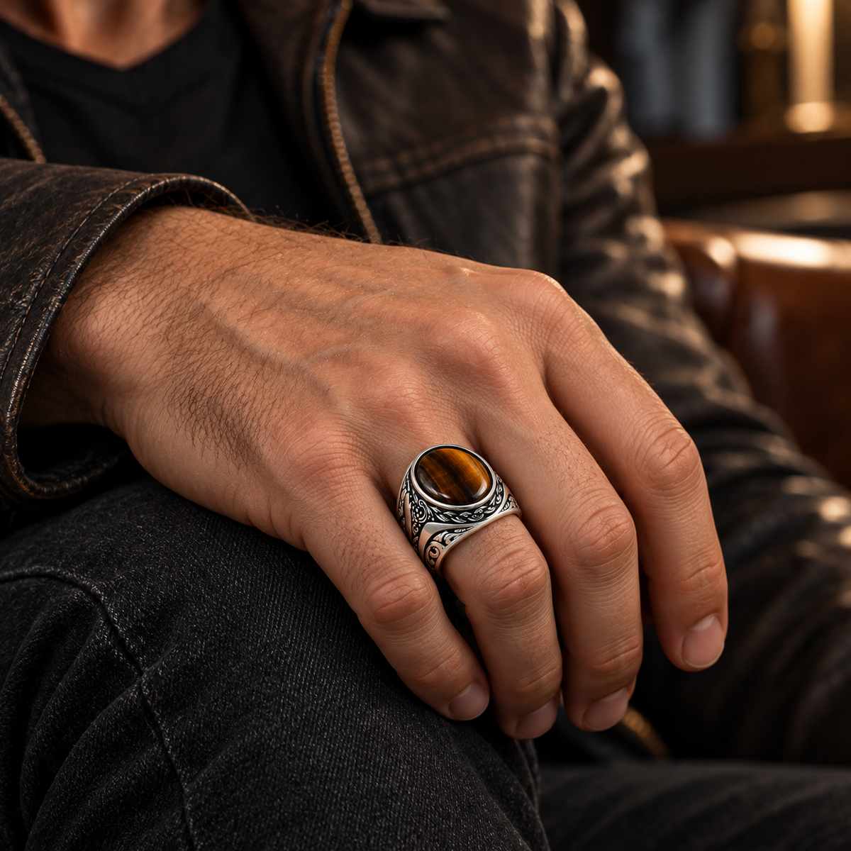 Male hand resting on knee wearing stainless steel tiger eye gemstone ring with leather jacket
