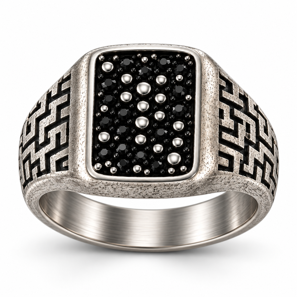 Men's vintage labyrinth black stone signet ring in distressed stainless steel

